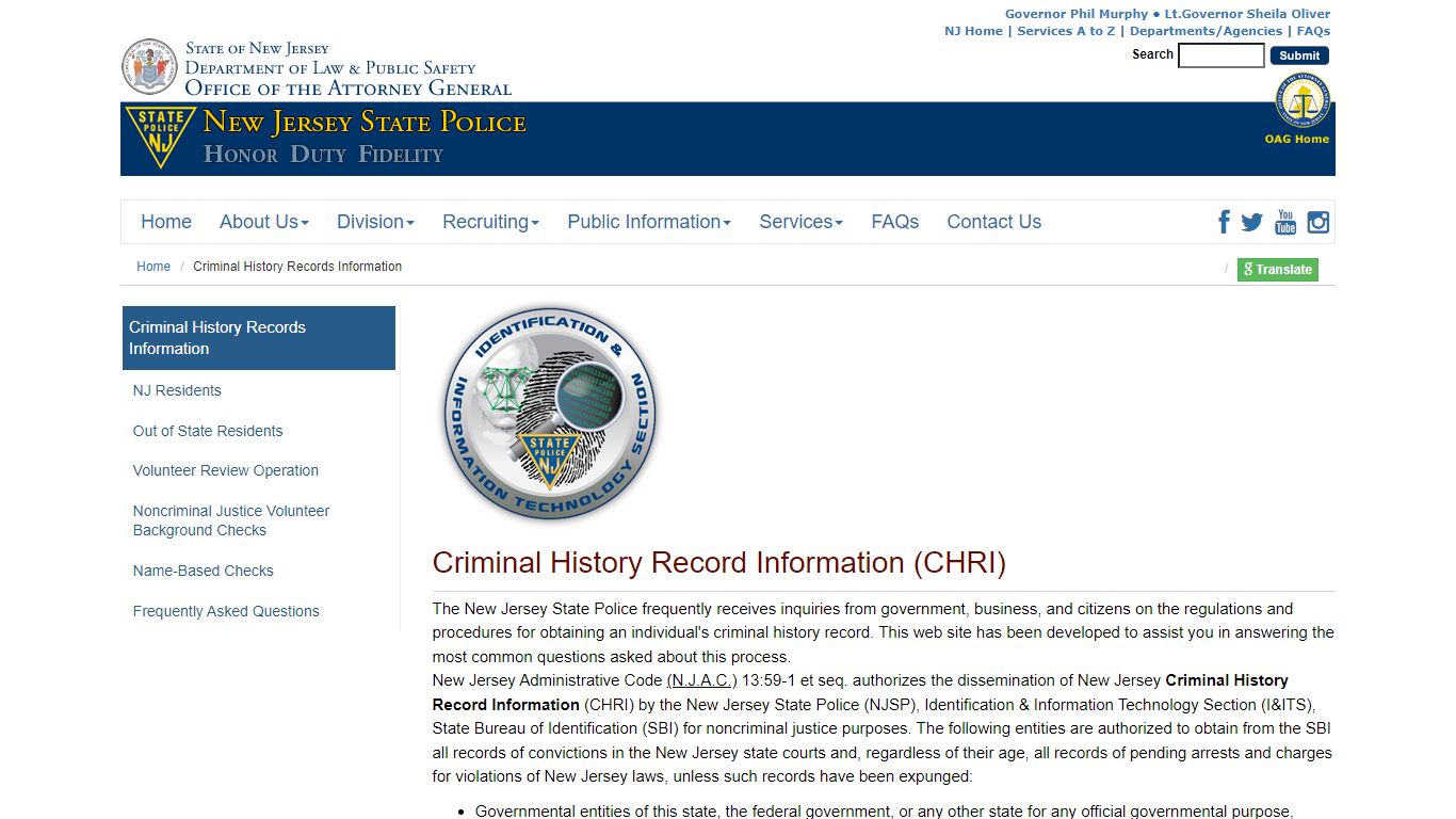 New Jersey Criminal History Records Information - State